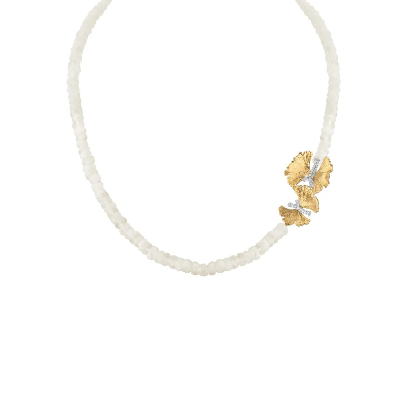 Stainless Steel Necklaces-Butterfly Ginkgo Necklace with Moonstone and Diamonds