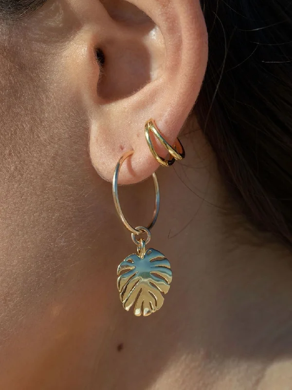 Luxury Pearl Earrings-Gold Monstera Charm Huggie Hoop Earrings - Alohi