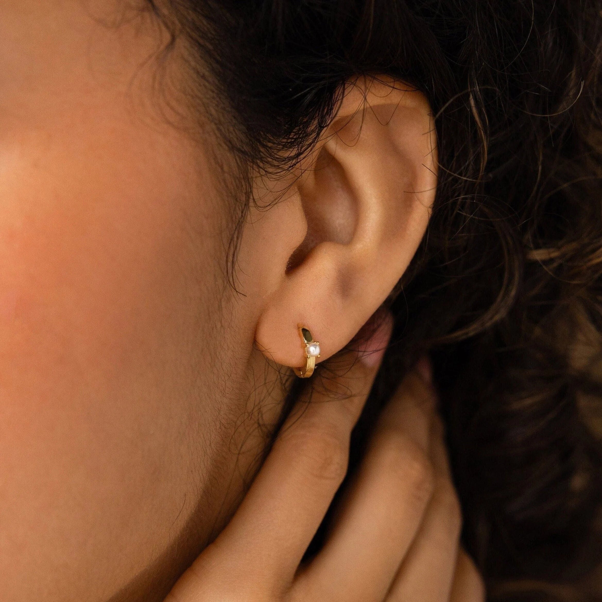 Simple Drop Hoop Earrings-Tiny Pearl Huggies