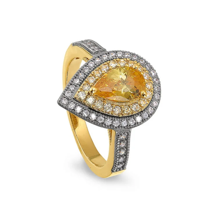 Custom Wedding Bands for Men-Gold and gold vermeil finish sterling silver micropave pear shaped ring with a canary colored stone and simulated diamonds