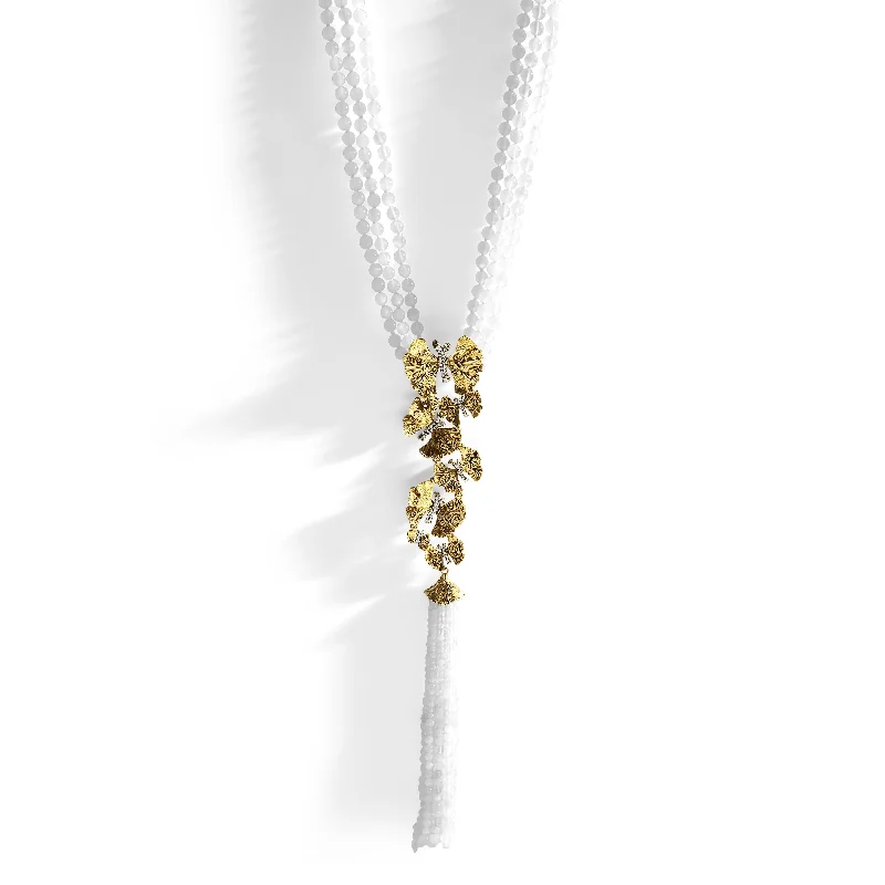 Custom Birthstone Pendant Necklaces-Butterfly Ginkgo Tassel Necklace with Moonstone and Diamonds