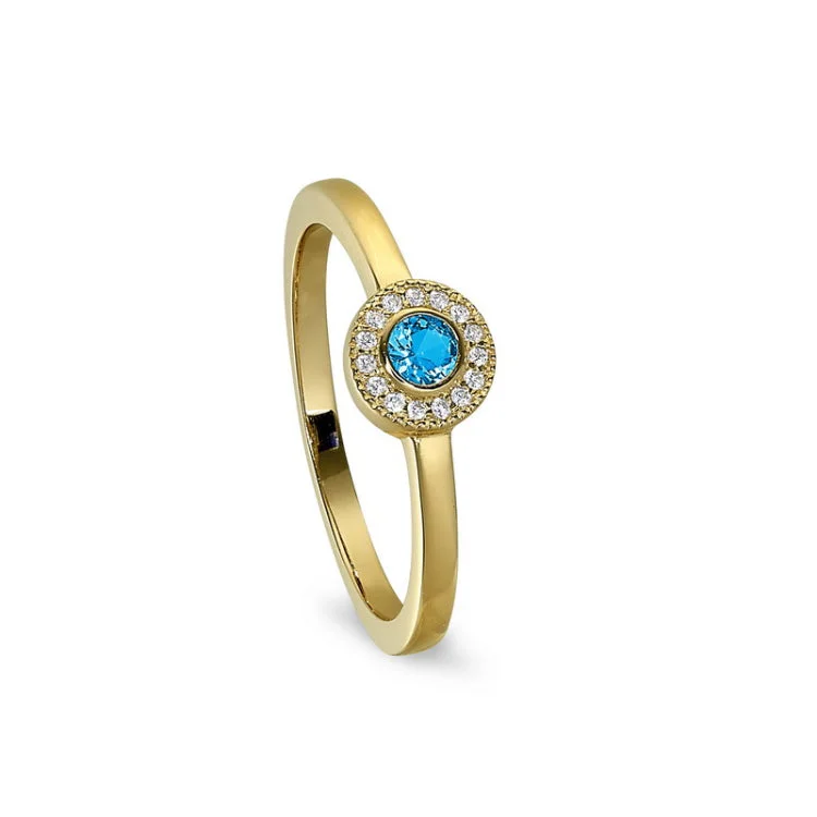 Wedding Rings with Custom Settings-Gold Finish Sterling Silver Micropave Round Simulated Blue Topaz Ring with Simulated Diamonds Size 4