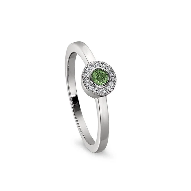 Luxury Promise Rings for Women-Platinum Finish Sterling Silver Micropave Round Simulated Peridot Ring with Simulated Diamonds Size 6