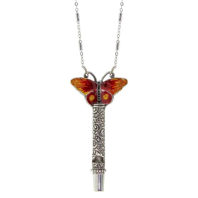 Elegant Gold Necklaces-1928 Jewelry Multicolor Enamel Butterfly Etched Filigree Whistle Necklace 30"