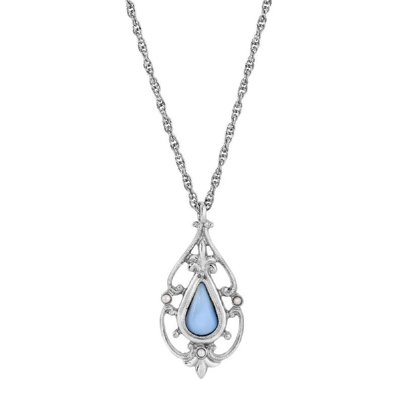 Crystal Necklaces-1928 Jewelry Faux Blue Moonstone Teardrop Fleur De Lis Pendant Necklace 16" + 3 " Extender