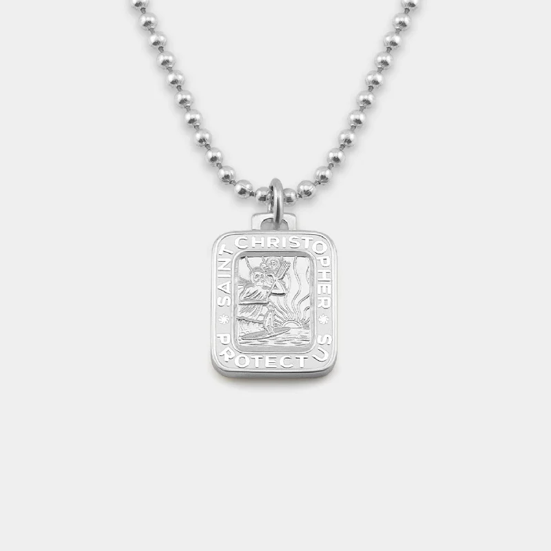 Retro Necklaces-Rectangle St. Christopher - Silver / White