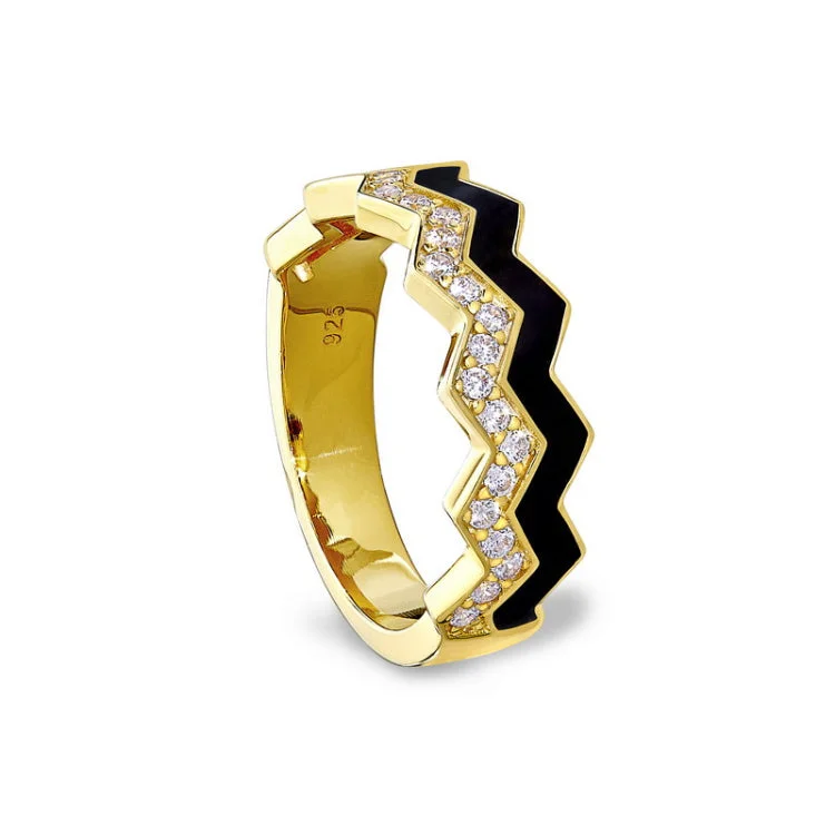 Fashionable Engagement Ring Designs-Gold vermeil sterling silver micropave ring with with black enamel and simulated diamondss