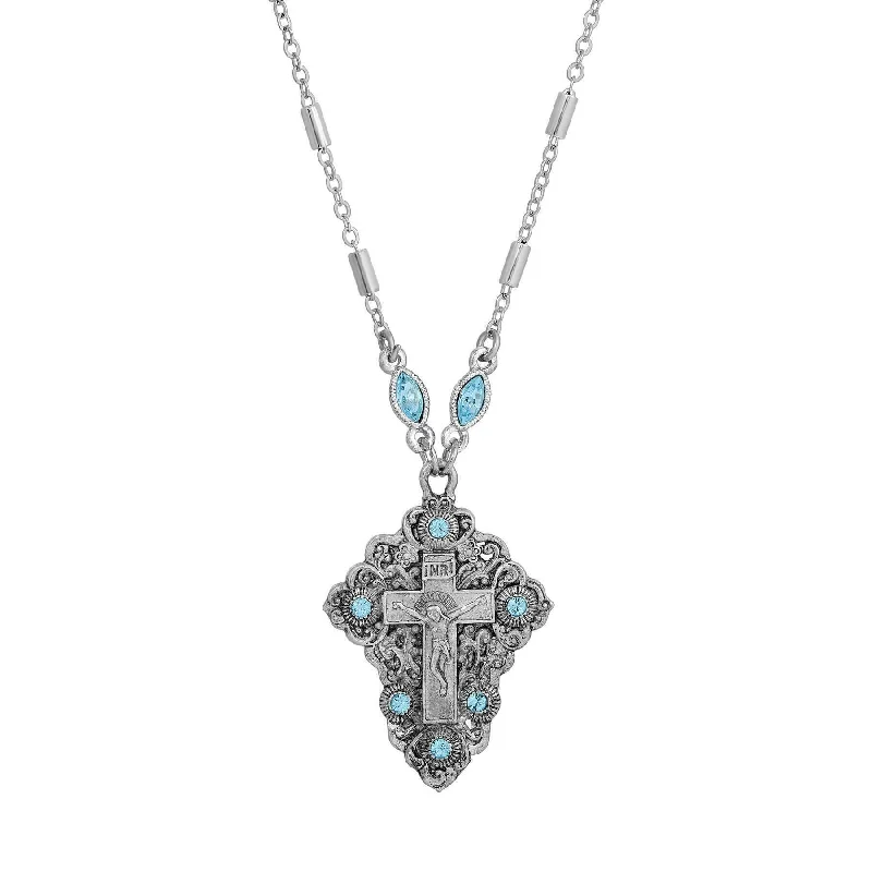 Elegant Gold Necklaces-Symbols Of Faith INRI Crucifix Aqua Blue Crystal Pendant Necklace 16" + 3" Extender