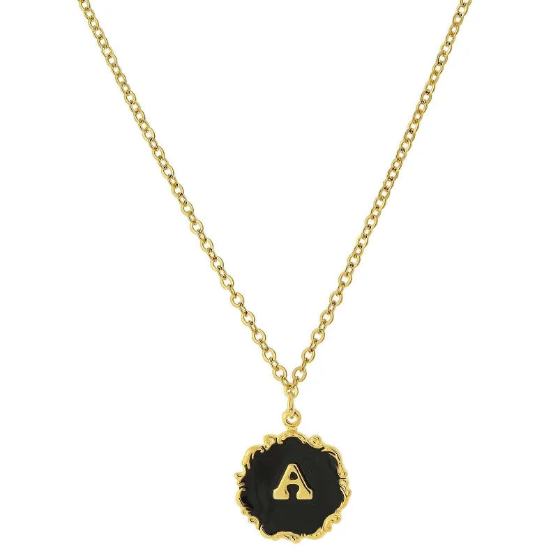 Cute Gold Necklaces-1928 Jewelry Sunburst Black Enamel Initial Pendant Necklace 16" + 3" Extender