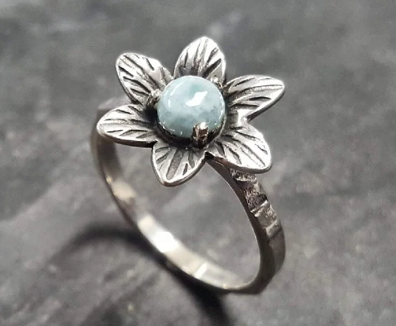 Customizable Engagement Rings-Blue Flower Ring - Genuine Larimar Ring - Vintage Floral Ring