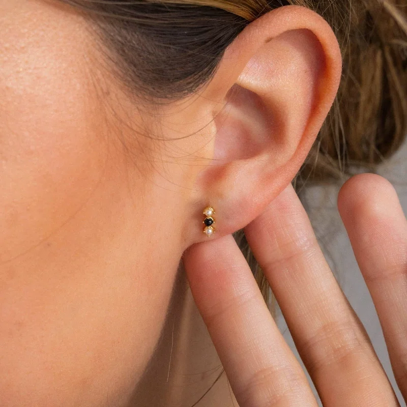 Small Gemstone Hoop Earrings-Tiny Onyx Pearl Bar Studs