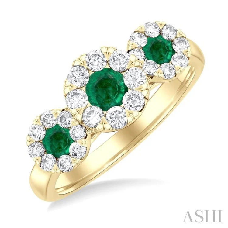 Custom Wedding Ring Bands with Engraving-3.8 MM & 3 MM Emerald and 5/8 ctw Round Cut Diamond Precious Lovebright Past, Present and Future Ring in 14K Yellow Gold