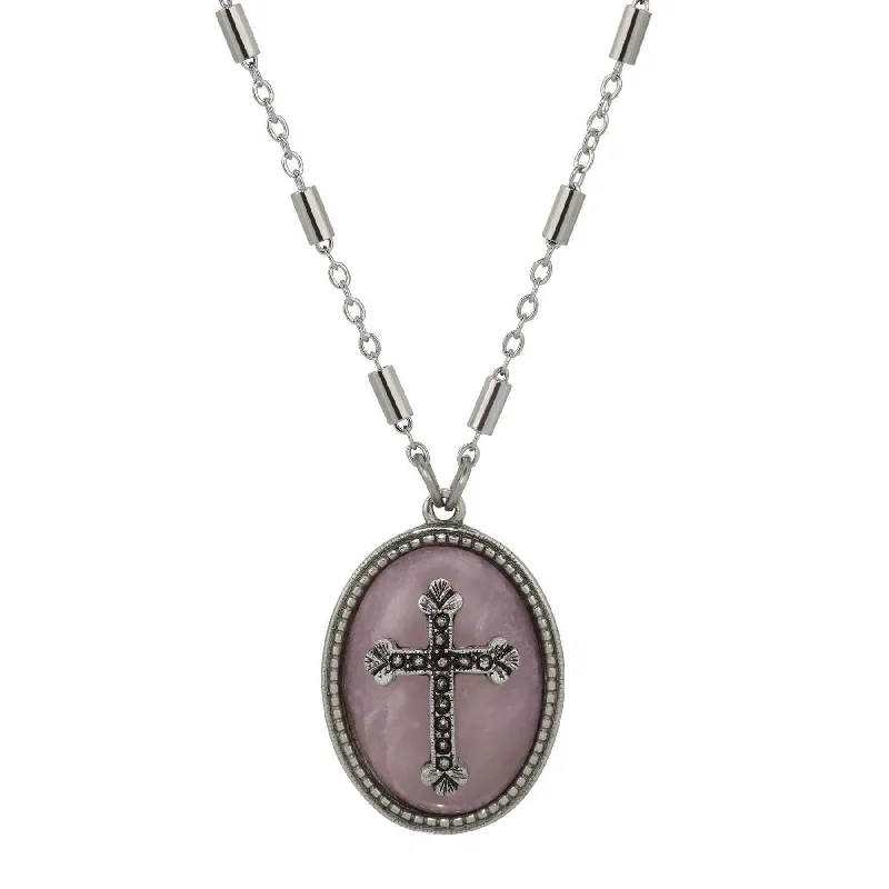 Personalized Name Necklaces-Symbols Of Faith Oval Gemstone & Budded Cross Pendant Necklace 18"