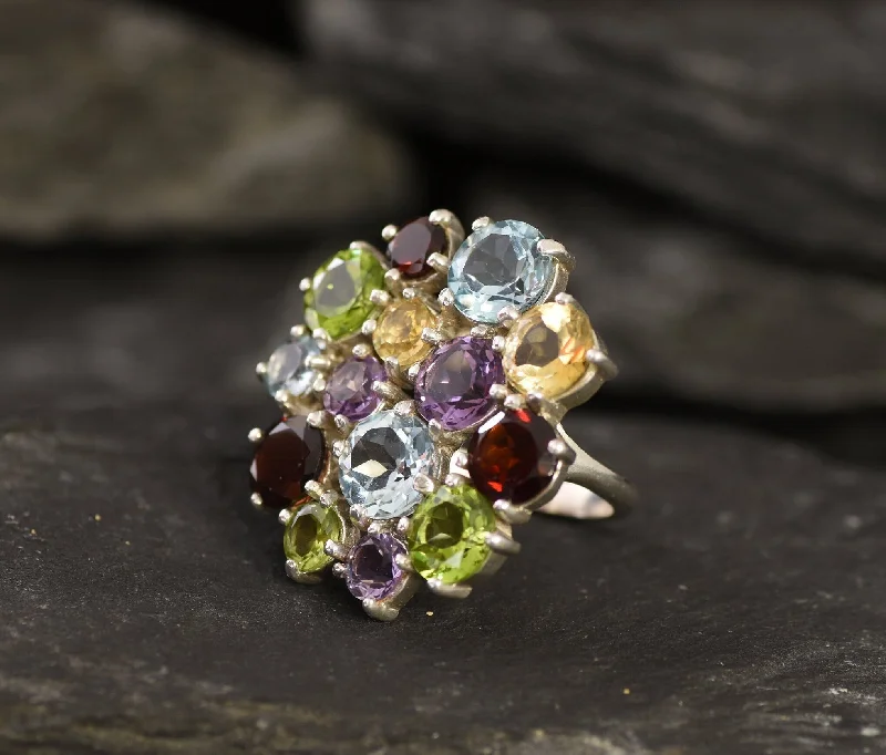 Custom Vintage Wedding Rings-Large Multistone Ring - Colorful Cocktail Ring - Statement Cluster Ring