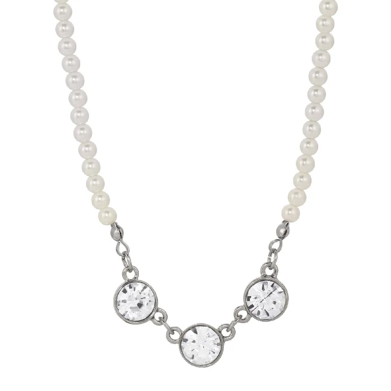 Custom Engraved Necklaces-1928 Jewelry Trio Crystal Glass Faux Pearl Strand Necklaces 16" + 3" Extension