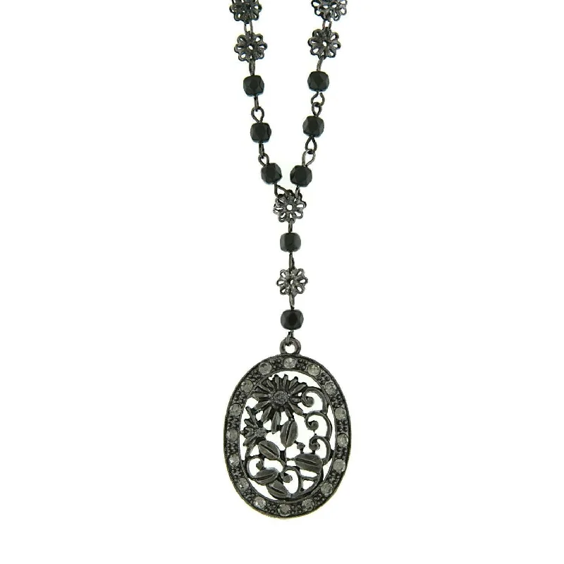 Antique Silver Necklaces-1928 Jewelry Black Diamond Color Crystal Flower Pendant Necklace 16" + 3" Extender