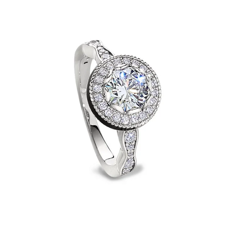 Custom Platinum Promise Rings-Platinum finish sterling silver micropave round halo ring with simulated diamonds - size 5