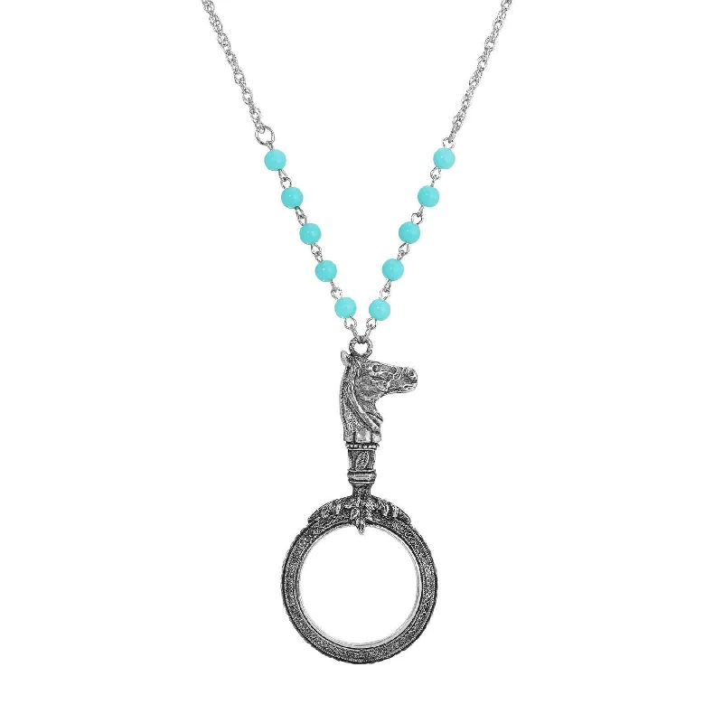 Statement Necklace Set-1928 Jewelry Turquoise Bead Equine Magnifying Glass Pendant Necklace 28"L - Magnification Power: 1-2X