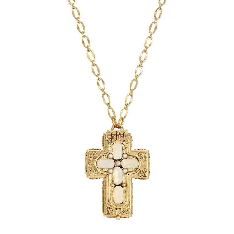 Christmas Necklaces-Symbols Of Faith Glass Stone Faux Pearl Cross Reliquary Pendant Necklace 32"