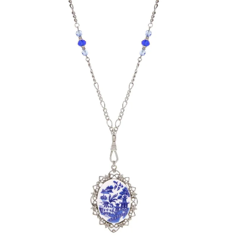 Fine Gold Necklaces-1928 Jewelry Light Sapphire Crystal Blue Willow Pagoda Oval Swivel Pendant Necklace 30"L