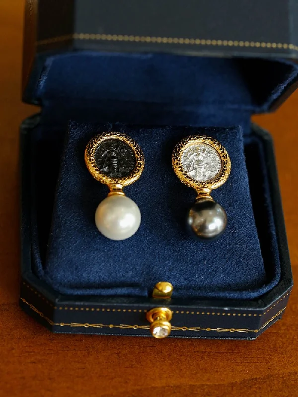 Elegant Gemstone Stud Earrings-Ancient Greek Retro 925 Silver Coin Pearl Stud Earrings-Type H I