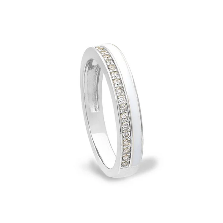 Wedding Rings with Personal Engraving-Platinum Finish Sterling Silver Micropave Ring with with White Enamel and Simulated Diamondss