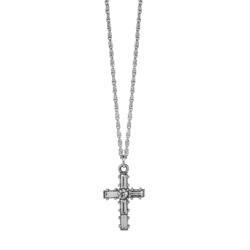 Boho Necklaces-Symbols Of Faith Pewter Crystal Small Cross Pendant Necklace 16" + 3" Extender