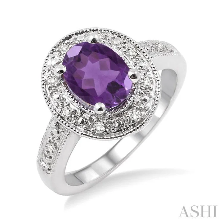 Adjustable Engagement Rings-8x6 MM Oval Cut Amethyst and 1/20 Ctw Single Cut Diamond Ring in Sterling Silver