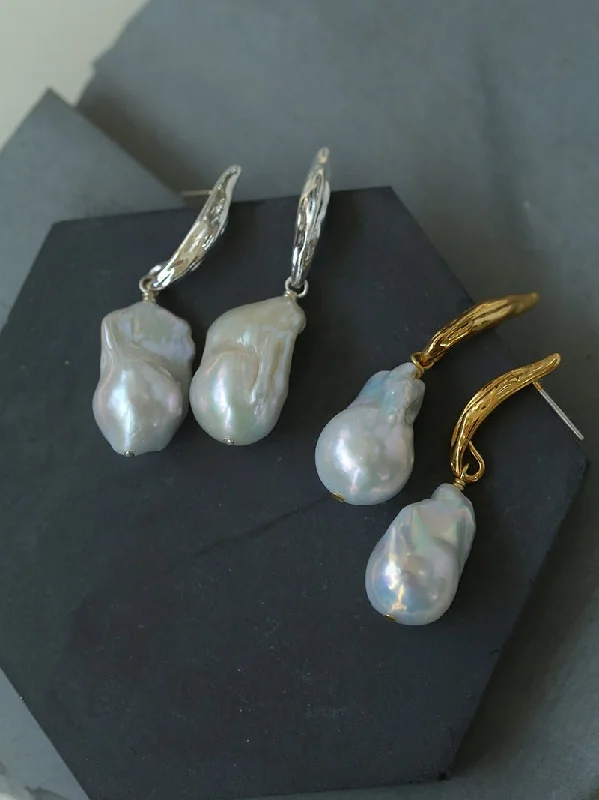 Gold and Diamond Earrings-Minimalist Willow Leaf Baroque Pearl Pendant Earrings