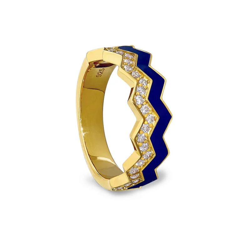 Wedding Rings with Personalization-Gold Vermeil Sterling Silver Micropave Ring with with Navy Enamel and Simulated Diamondss