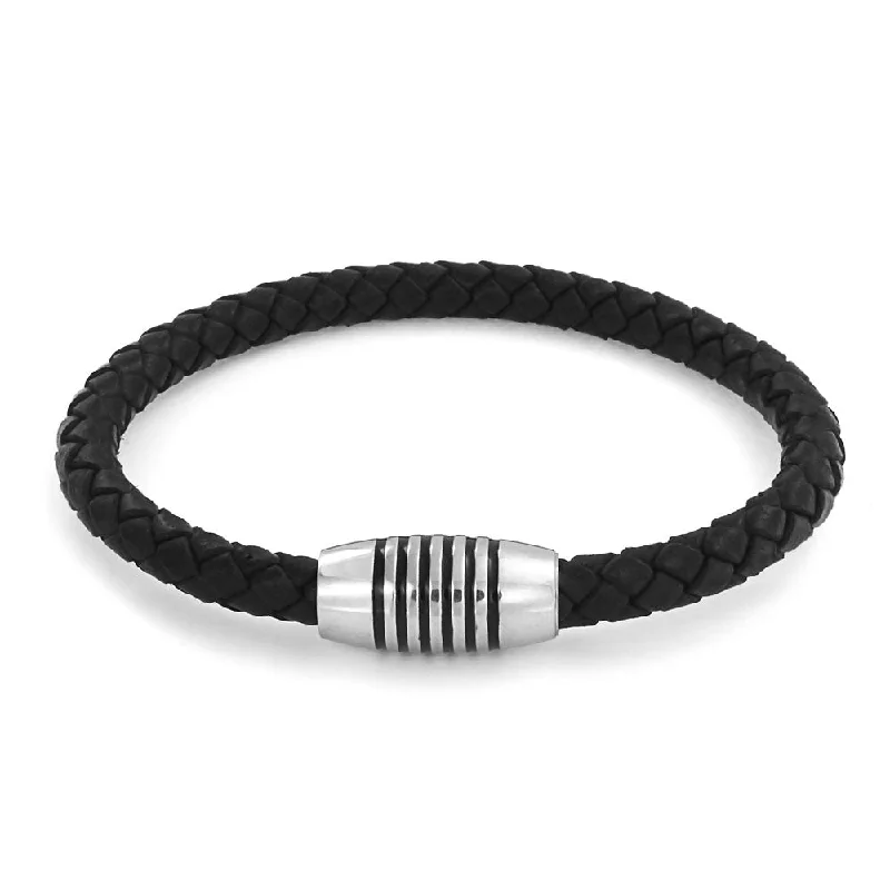 Custom Gemstone Bangle Bracelets for Women-Unisex Black Woven Leather Cuff Bracelet with Stainless Barrel Clasp for Men