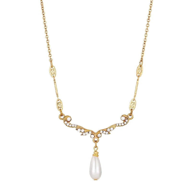 Handcrafted Necklaces-1928 Jewelry Belle Epoch Faux Pearl Teardrop Crystal Necklace 16" + 3" Extender