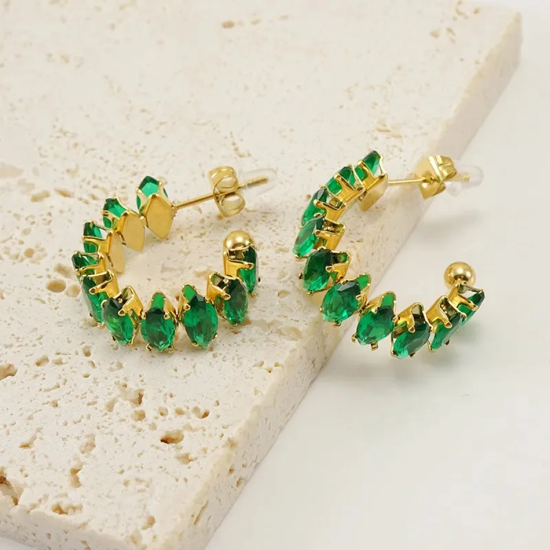 Geometric Gemstone Earrings-Green Emerald C Shape Earrings