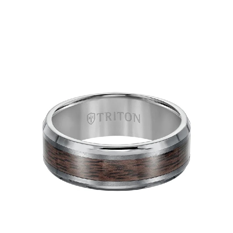 Handmade Engagement Bands-8MM Tungsten Carbide Ring - Wood Center and Bevel Edge