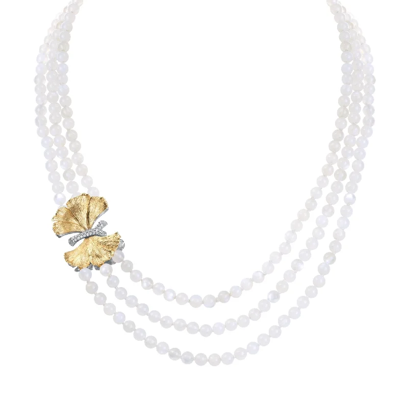 Love Heart Pendant Necklaces-Butterfly Ginkgo Multi Strand Necklace with Moonstone and Diamonds