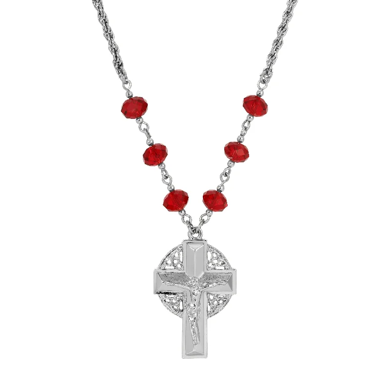 Art Deco Necklaces-Symbols Of Faith Triquetra Crucifix Pendant Siam Red Beaded Chain Necklace 16" + 3" Extension