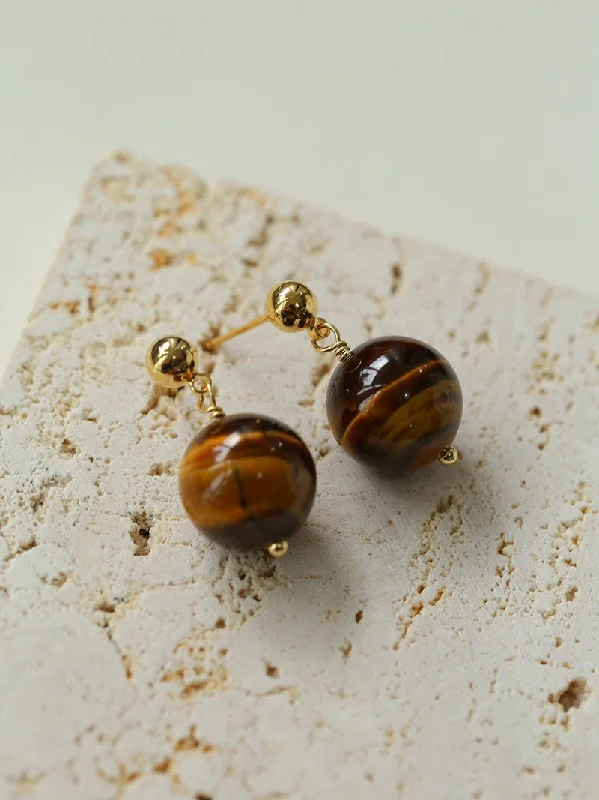 Elegant Silver Hoop Earrings-Tiger's Eye Stone Drop Earrings