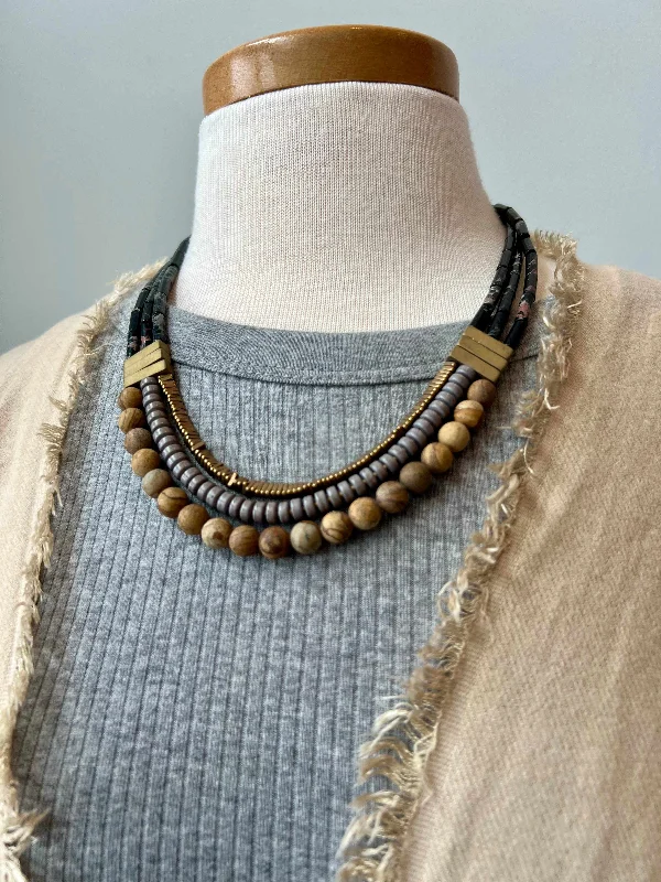 Textured Necklaces-Triple Strand Black and Grey Necklace