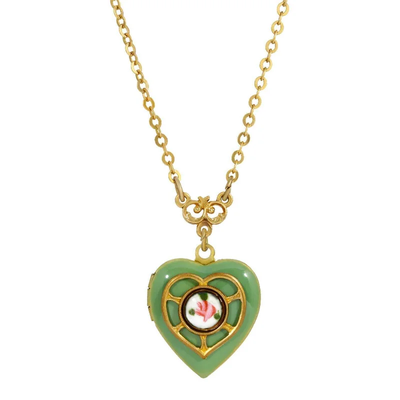 Simple Chain Necklaces-1928 Jewelry Heart Picture Locket Pink Rose Necklace 16" + 3" Extender