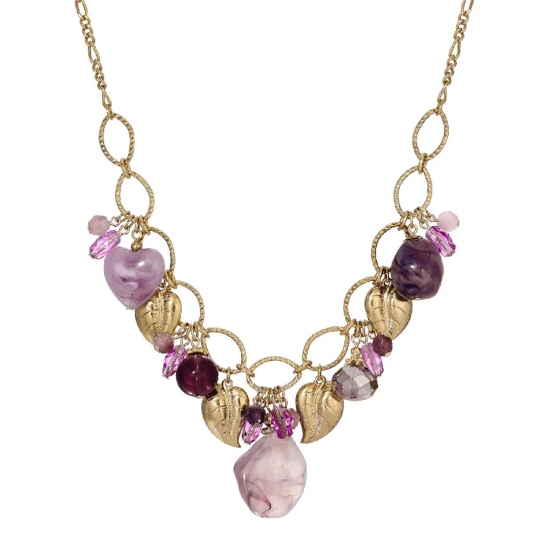 Gold-Plated Necklaces-1928 Jewelry Irregular Milky Amethyst & Gold Leaf Charms Necklace 16" + 3" Extension