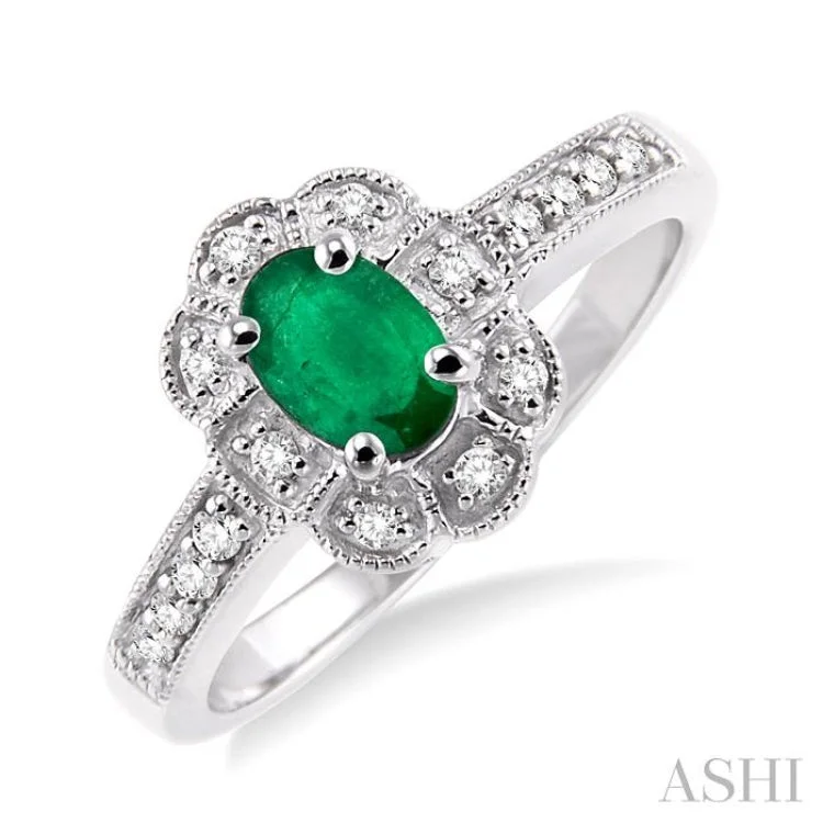 Men’s Personalized Rings-6x4 MM Oval Cut Emerald and 1/6 ctw Single Cut Diamond Ring in 10K White Gold