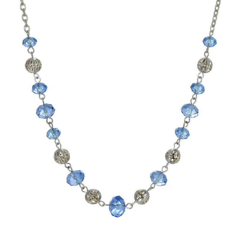 Elegant Necklaces-1928 Jewelry Filigree Puff Bead Blue Crystal Chain Necklace 18"