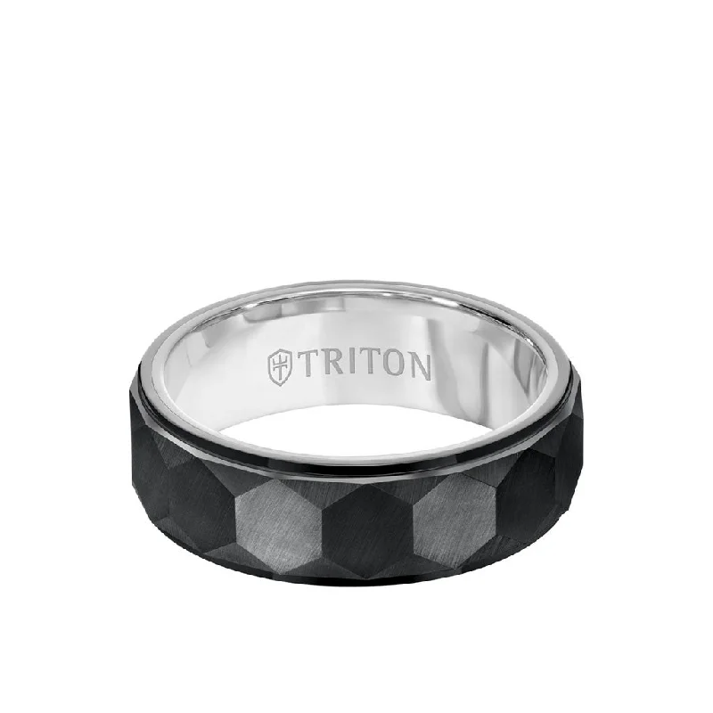 Luxury Wedding Rings with Custom Settings-7MM Tungsten Carbide Ring - Faceted Hexagon Pattern and Step Edge