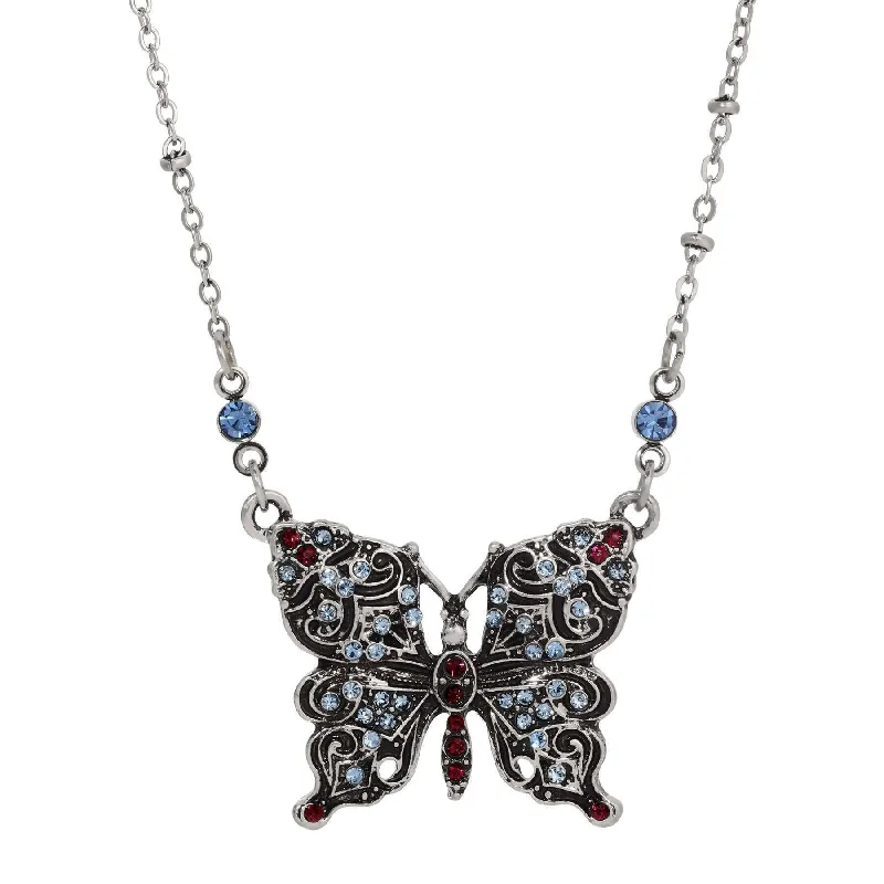 Colorful Necklaces-Regency Antiqued Butterfly Multi Color Crystals Pendant Necklace 16" + 3" Extension