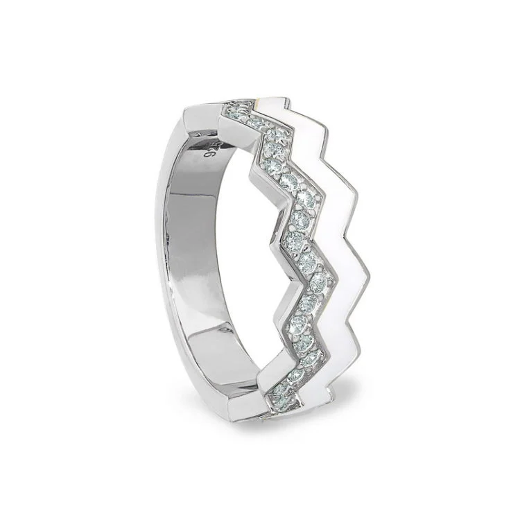 Custom Women’s Wedding Bands-Platinum Finish Sterling Silver Micropave Ring with with White Enamel and Simulated Diamondss