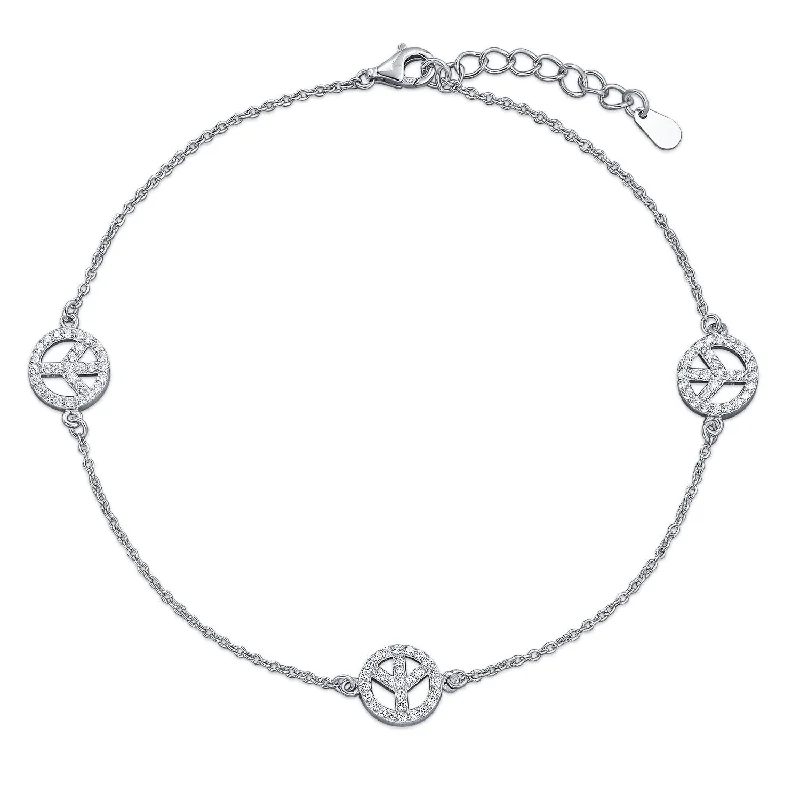 Designer Customizable Bracelets with Charms-Multi CZ Peace Sign Anklet Ankle Bracelet Sterling Silver 9-10 Inch