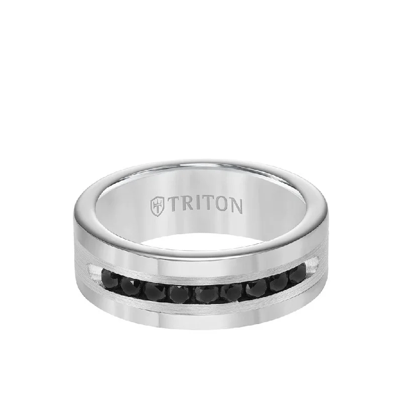 Matching Wedding Ring Sets for Couples-8MM Ring - Black Diamonds Silver Satin Finish and Round Edge