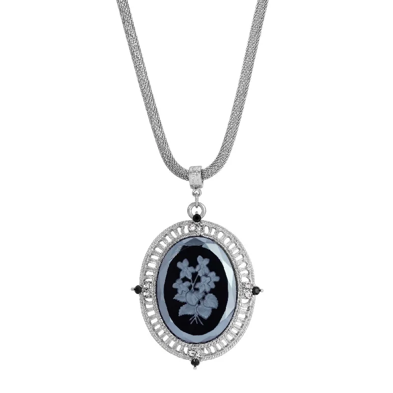 Thin Necklaces-1928 Jewelry Black Intaglio Floral Stone Black & Clear Crystal Pendant Necklace 25"