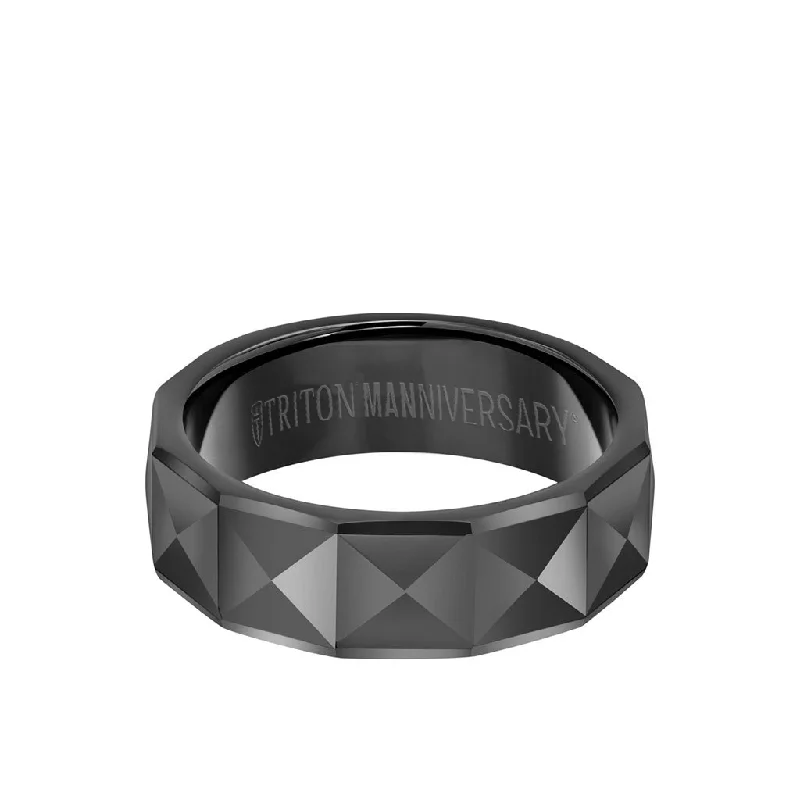 Personalized Custom Diamond Wedding Rings-7MM Tungsten Carbide Ring - Faceted Pyramid Center and Round Edge