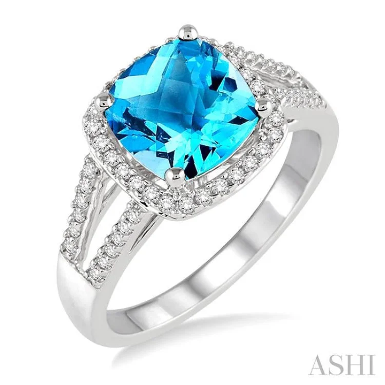 Classic Gemstone Engagement Rings-8x8 MM Cushion Cut Blue Topaz and 1/4 Ctw Round cut Diamond Ring in 10K White Gold